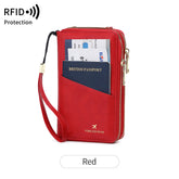 Red RFID Blocking Passport Wallet - Multi-Function Travel Organizer with Double Zipper and Crossbody Strap