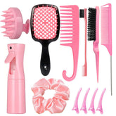 Complete Hair Styling Kit with Detangling Brushes, Combs, Spray Bottle, and Accessories(pink)