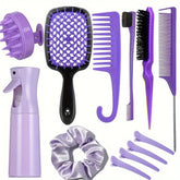 Complete Hair Styling Kit with Detangling Brushes, Combs, Spray Bottle, and Accessories(Purple)