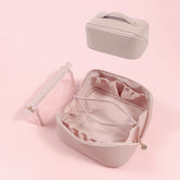 Pink Elegant PU Leather Makeup Bag & Toiletry Organizer with Detachable Mesh Pouch - Large Capacity Travel Cosmetic Case