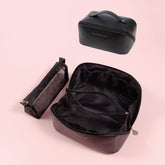 Black Elegant PU Leather Makeup Bag & Toiletry Organizer with Detachable Mesh Pouch - Large Capacity Travel Cosmetic Case