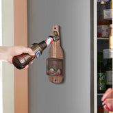 Brown Rustic Wooden Wall-Mounted Bottle Opener with Cap Catcher - Vintage Beer Opener for Bar & Kitchen