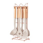 Beige Elegant 7-Piece Silicone Kitchen Utensil Set with Wooden Handles & Rose Gold Stand - Non-Stick Cookware Safe