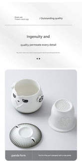 Adorable Panda Design Ceramic Tea Infuser Mug Set - 310ml Travel Crackle Glaze Cup with Lid & Strainer(black)