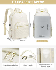 Stylish Laptop Backpack for Women – Large Capacity 27L Computer Bag with 15.6 Inch Compartment, USB Charging Port & 16 Pockets – Ideal for College, Work & Travel (White)