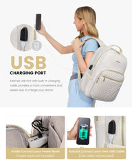 Stylish Laptop Backpack for Women – Large Capacity 27L Computer Bag with 15.6 Inch Compartment, USB Charging Port & 16 Pockets – Ideal for College, Work & Travel (White)
