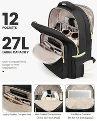 Stylish Laptop Backpack for Women – Large Capacity 27L Computer Bag with 15.6 Inch Compartment, USB Charging Port & 16 Pockets – Ideal for College, Work & Travel (Black)
