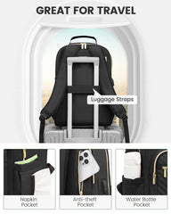 Stylish Laptop Backpack for Women – Large Capacity 27L Computer Bag with 15.6 Inch Compartment, USB Charging Port & 16 Pockets – Ideal for College, Work & Travel (Black)