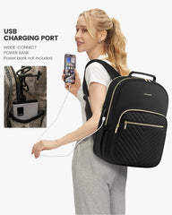 Stylish Laptop Backpack for Women – Large Capacity 27L Computer Bag with 15.6 Inch Compartment, USB Charging Port & 16 Pockets – Ideal for College, Work & Travel (Black)