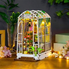 Dollhouse Miniature DIY Greenhouse Kit - Garden House with LED Lights