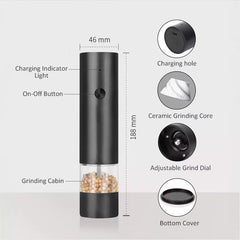 Rechargeable Electric Salt and Pepper Grinder Set (Includes Two Grinders) - Adjustable Ceramic Grinding Core with USB Charging