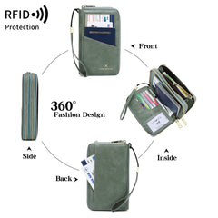 Pink RFID Blocking Passport Wallet - Multi-Function Travel Organizer with Double Zipper and Crossbody Strap