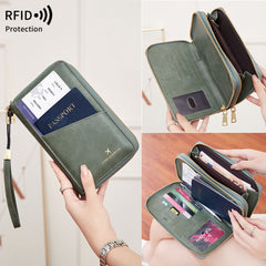 Pink RFID Blocking Passport Wallet - Multi-Function Travel Organizer with Double Zipper and Crossbody Strap
