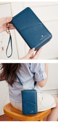 Peacock Blue RFID Blocking Passport Wallet - Multi-Function Travel Organizer with Double Zipper and Crossbody Strap