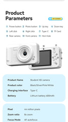 Student HD Digital Camera - 44MP, 8x Zoom, Autofocus, Dual Lens, Type-C Charging (Pink)