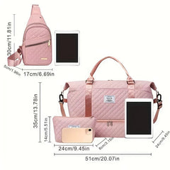 Pink Chic 3-Piece Quilted Travel Bag Set - Duffel, Crossbody Sling & Toiletry Pouch - Large Capacity & Lightweight