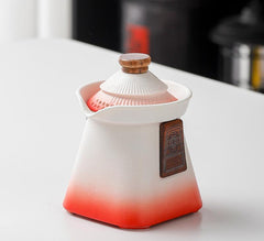 Artisan Ceramic Tea Pot with Built-in Strainer - 280ml, Gradient Finish & Wooden Accents(White+red)