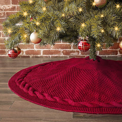 Festive Knit Christmas Tree Skirt - Acrylic Red Tree Mat with Pom-Poms 122cm