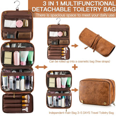 Black Large Hanging Toiletry Bag Waterproof Leather Travel Organiser 4 Compartment Cosmetic Case with Swivel Hook Ideal for Holidays