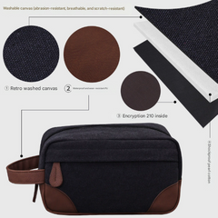 Navy Blue Men's Vintage Canvas Toiletry Bag PU Leather Accent Travel Wash Pouch Large Capacity Shaving Kit Organiser