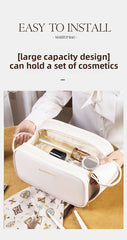 White Large Capacity PU Leather Makeup Bag Dual Zipper Cosmetic Case Waterproof Travel Toiletry Organiser with Brush Compartment
