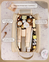 Large Pink PU Leather Makeup Bag Dual Zipper Cosmetic Travel Case Waterproof Toiletry Organiser with Brush Compartment