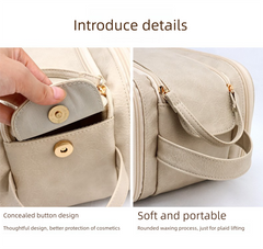 Large Pink PU Leather Makeup Bag Dual Zipper Cosmetic Travel Case Waterproof Toiletry Organiser with Brush Compartment